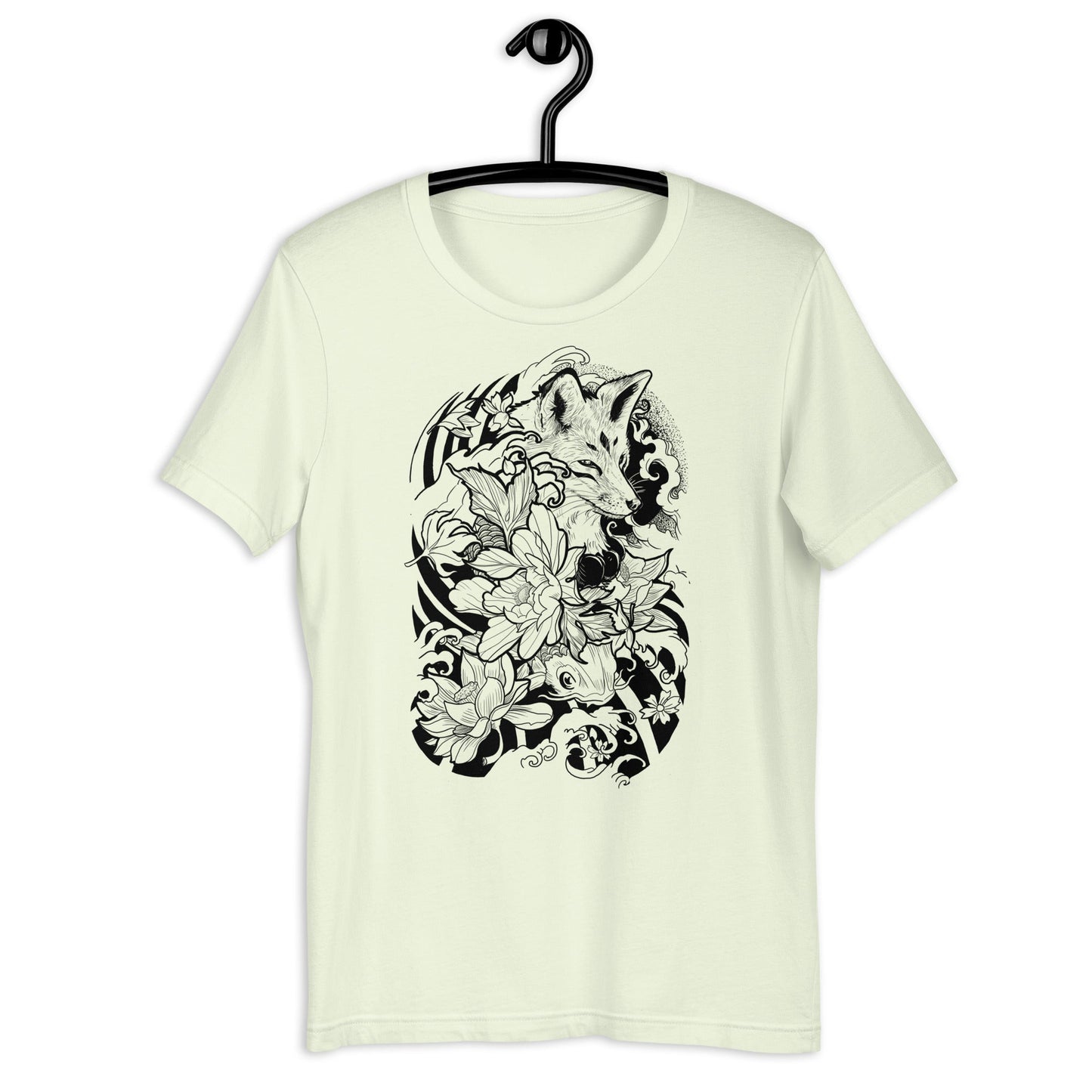 Fox Tattoo Unisex T-Shirt in Mint: Refresh your wardrobe with this stylish tee featuring a unique fox design.